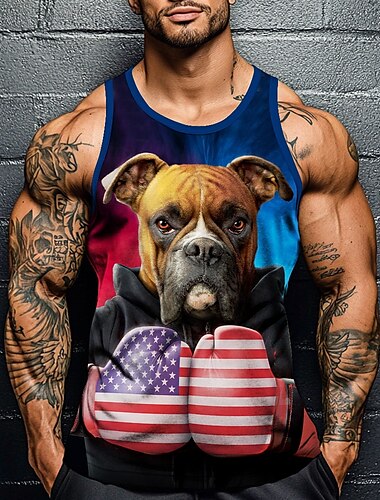 Tough Boxer USA Vincent HIE T-shirt humoristique pour homme avec chien, sans manches, imprimé 3D, col rond, mode, style décontracté, quotidien, noir, été, printemps, vêtements, S, M