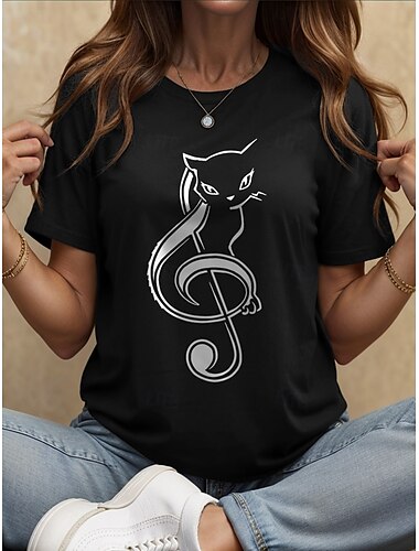  Femmes T-shirt Chemise en coton Graphique Chat ancien Élégant Classique Manche Courte Col ras du cou Col rond Hauts Réguliers Quotidien Imprimé Noir Blanche Gris Été