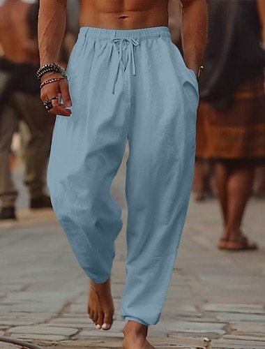  Voor heren Linnen broek Broek Zomerbroek Wijde broek Strandbroeken Trekkoord Elastische taille Breed Been Effen Comfort Ademend Volledige lengte Buiten Casual Feestdagen Modieus Retro vintage Zwart