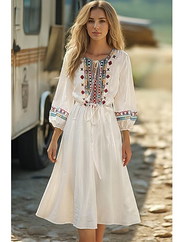  Femmes Robe Midi Robe Décontractée Robe d'été Robe bohème ancien Vacances Quotidien Plage Coupe régulière Fleuri manche longue Col ras du cou Blanche Jaune Rouge Bleu Été
