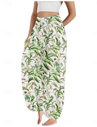  Damen Leinen-inspirierte Hosen Weites Bein Hosen Hose Ethno-Stil Lässig Boho Volle Länge Hohe Taille Blumen Blatt Tropisch Tasche Elastischer Bund Drucken Atmungsaktivität Weich Mikroelastisch