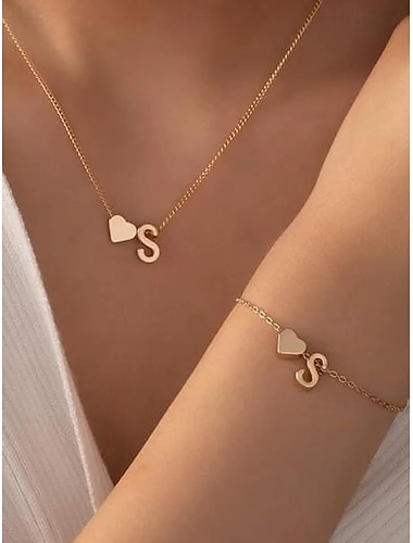  Juego de collar y pulsera con letras de corazón de oro personalizadas con 26 iniciales: exquisita joyería con letras para mujeres y niñas, regalo romántico para graduación, cumpleaños o día de San Valentín.