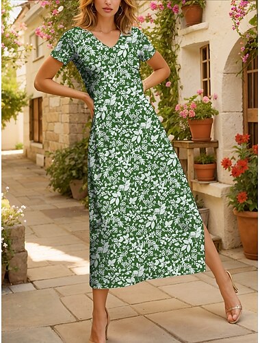  Damen Maxikleid Freizeitkleid Sommerkleid A Linie Kleid Urlaub Lässig Strand Normale Passform Blumen Grafik Kurzarm V Ausschnitt Rote Blau Purpur Grün Sommer Frühling