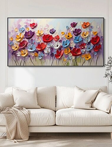  Pintura al óleo de flores florecientes pintada a mano, pintura al óleo de girasol texturizada, vibrante obra de arte de jardín de primavera, pintura de arte floral 3D colorida para la decoración de la