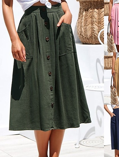  Mujer Falda Casual Midi Tiro Medio Faldas Plano Bolsillo Microelástico Vacaciones Calle Amarillo Rosa Verde Ejército Verano Algodón