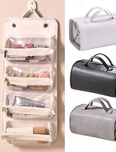  Trousse de toilette de voyage en cuir grande capacité, portable, pour femmes, trousse de maquillage, étanche, organiseur de maquillage, sac de rangement pliable 4 en 1, trousse de toilette de voyage,