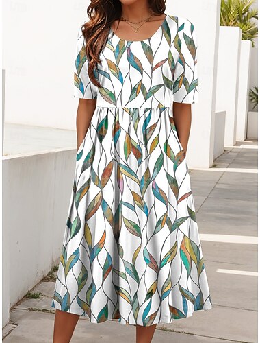  Damen Midikleid Sommerkleid Faltenkleid Urlaub Lässig Strand Täglich Ferien Normale Passform Blumen Grafik Kurzarm Rundhalsausschnitt Weiß Rote Blau Grün Sommer