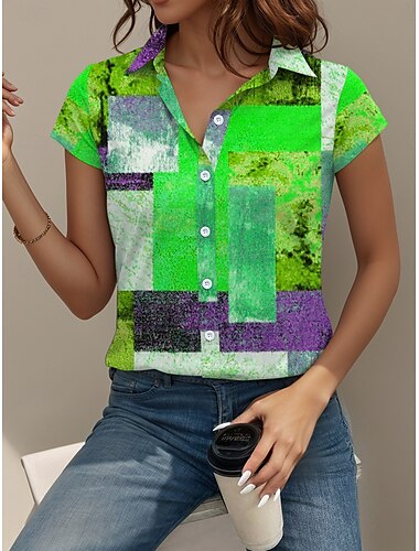  Damen Hemd Grafik Geometrisch Vintage Tropisch Täglich Kurzarm Kappe Hemdkragen Normale Oberteile Täglich Rote Blau Orange Grün Sommer Frühling