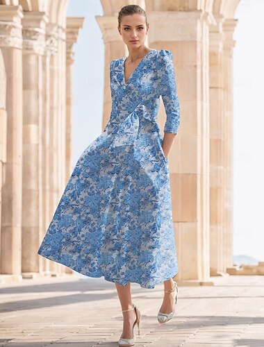  Jacquard Floral Blau Rosa A-Line Cocktailkleider Elegantes Formelles Hochzeit Knöchellänge Halblange Ärmel V-Ausschnitt Nylon Print Schlitz Tasche Hochzeitsgastkleid 2025