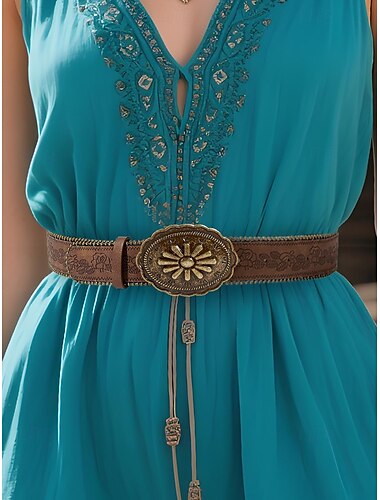  Dames boho bloemen gegraveerde brede leren riem - vintage westerse stijl met antieke gouden bloemengesp, verstelbare tailleband voor jurken, festivals en dagelijks gebruik