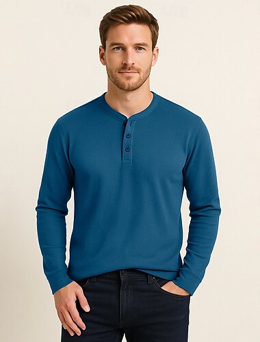  Herren T Shirt Langarm Einheitliche Farbe Neutral Täglich Lässig Knopf hoch Henley Schule Heim Arbeit Ganzjahres Dunkelgrün Dunkelgrau Schwarz Henley T-Shirt