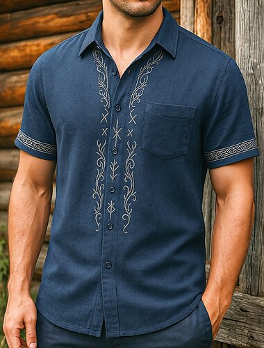  Homme Chemise Chemise en lin Style Viking Chemise d'été Tenue de plage Chemise Boutonnée Couleur Unie Vacances Croisière bleu marine Manche Courte Col Été Printemps & Été Vêtement Tenue Bloc de
