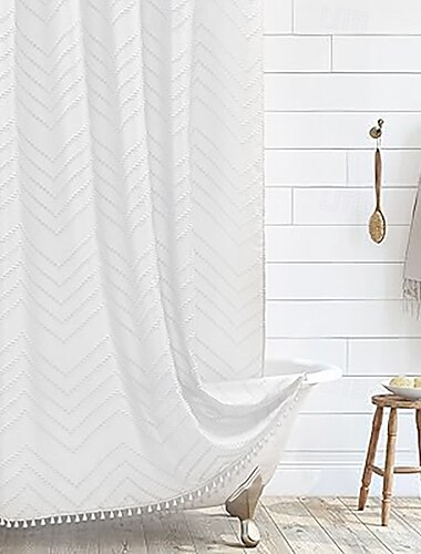  Boho Weiß Woven Stoff Duschvorhang mit Quaste 180cm 70" Modern Farmhouse Minimalistisch getuftete Chevron gestreifte Shabby Chic Textur wasserabweisender Stoffvorhang für das Badezimmer Hotel Dekor