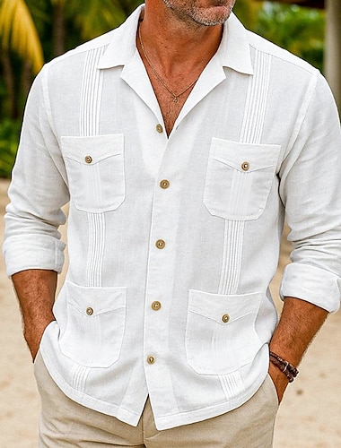  Herr Skjorta Linneskjorta Guayabera skjorta Sommarskjorta Strandskjorta Knapp upp skjorta Slät Semester Ledigt Vit Långärmad Krage Sommar Vår & sommar Kläder Ficka
