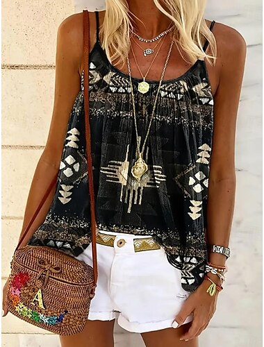  Kvinnors Linne Tank Top Paisley Daglig Ärmlös Band Scoop Hals Regular Top Daily Print Svart Sommar Vår