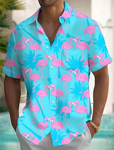  Homens Flamingo Pássaro Camisa Social Camisa havaiana camisa de botão Manga Curta Havaiana Férias Feriado Roupa de Praia Verão Primavera Aberto para a Lateral Impressão 3D camisas de colarinho Um