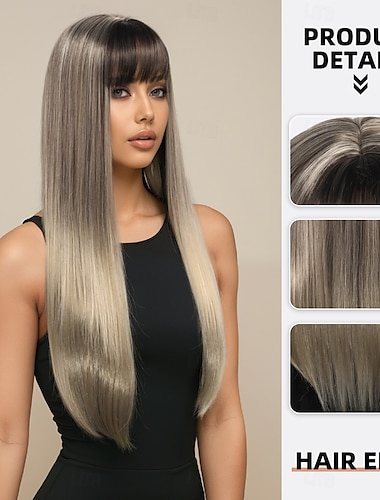  Synthetische Perücken Kinky Glatt Natürlich glatt Stufenschnitt Gerader Pony Maschinell hergestellt Perücke 28 Zoll A1 Synthetische Haare Damen Bequem Farbverläufe Hervorgehobenes / Balayage-Haar