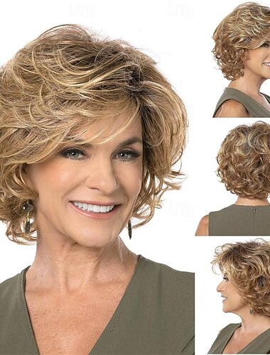  Perruques blondes courtes pour femmes, coupe courte de lutin, cheveux bouclés, cheveux synthétiques duveteux d'aspect naturel, perruques quotidiennes