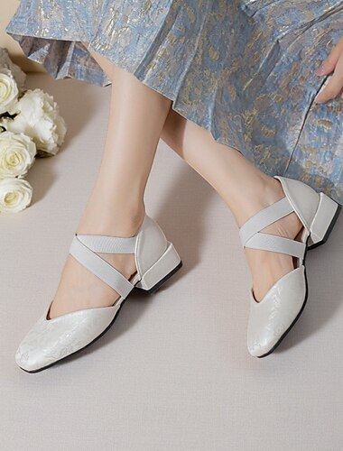  Bestickte weiße Damen-Ballerinas mit niedrigem Absatz – elegante Jacquard-Hochzeitsschuhe mit gekreuzten Riemen für Bräute und Brautjungfern