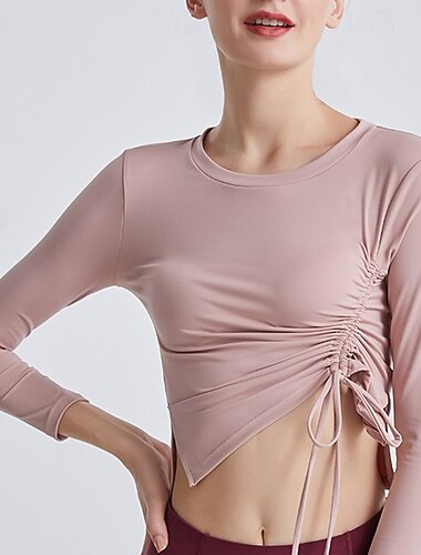  Damen Yoga Top Rundhalsausschnitt Schnelltrocknend Atmungsaktiv Schnürung Langarm Sport Einfarbig Oberteil Für Fitnesstraining Tanz Pickleball Sportkleidung