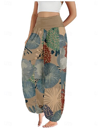  Damen Leinen-inspirierte Hosen Weites Bein Hosen Hose Ethno-Stil Lässig Boho Volle Länge Hohe Taille Blumen Tasche Elastischer Bund Drucken Atmungsaktivität Weich Mikroelastisch Outdoor Yoga
