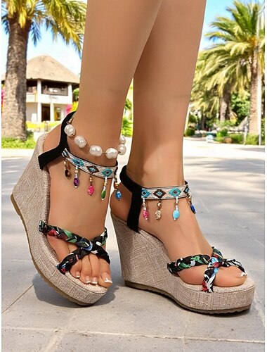  Boho sandalen met kralen en sleehak voor dames – gevlochten plateauschoenen met tribale enkelbandjes voor strand, festivals en vakanties