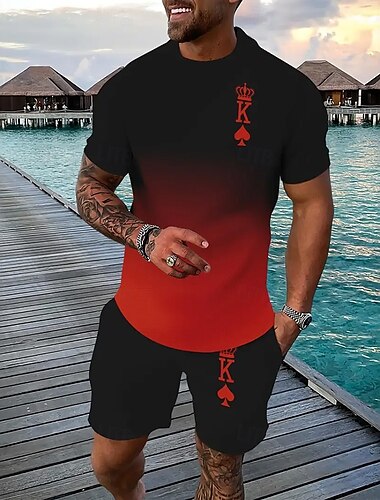  Herren Grafik 2St T-Shirts-Sets Kurzarm Kurze Hosen Rundhalsausschnitt Athleisure Sport Lässig Täglich 3D-Druck Sommer Rubinrot Schwarz Rote