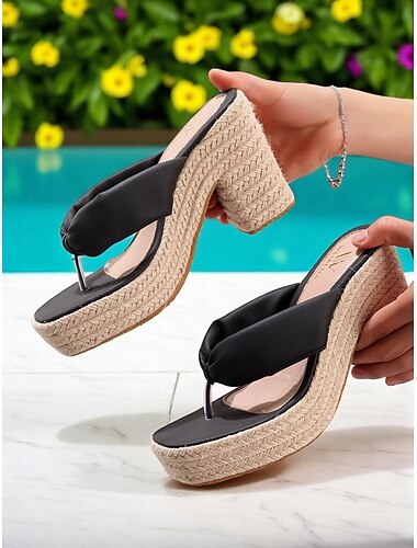  dámské černé žabky na platformě s uzly na klínku – boho letní prázdninové sandály s espadrilovým podpatkem pro outfity u bazénu, na pláž i pro běžné nošení
