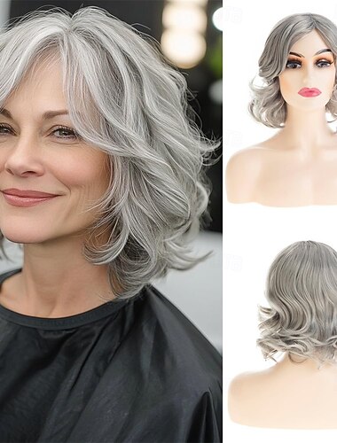  Perruque courte grise pour femme, longueur aux épaules, naturelle, ondulée, synthétique, résistante à la chaleur, idéale pour les fêtes quotidiennes