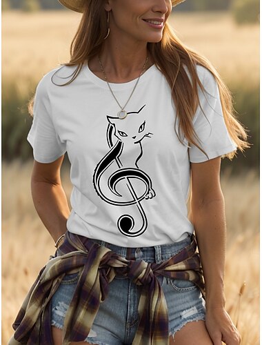  Damen T Shirt Baumwollhemd Grafik Katze Vintage Stilvoll Klassisch Kurzarm Rundhalsausschnitt Rundhals Normale Oberteile Täglich Druck Schwarz Weiß Grau Sommer