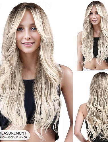  Synthetische Perücken Gewellt Wogende Wellen Stufenschnitt Tiefer Scheitel Maschinell hergestellt Perücke 26 Zoll A1 Synthetische Haare Damen Mittelscheitel Elastisch Bequem Blond Weiß