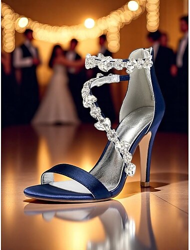  Zapatos de novia de satén azul marino con tacones de aguja y adornos de diamantes de imitación para mujer: elegantes zapatos de boda para ocasiones formales y cócteles.