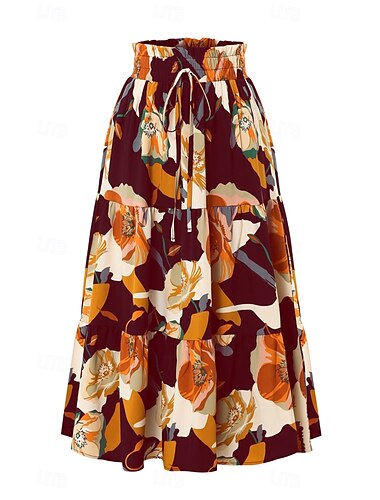  Dam Kjol Mode Boho Maxi Mellanhög midja Kjolar Blommig Mönster Microelastisk Utekväll Ledigt / vardag Svart Gul Vin Armégrön Sommar Polyester