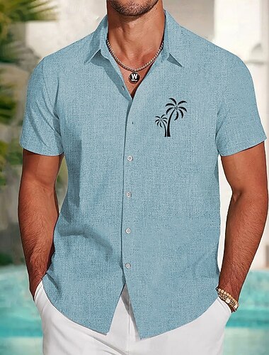  Men's Coconut Tree Tropical Plants Linen Shirt Beach Shirt Summer Hawaiian Shirt Short Sleeve Hawaiian Vacation Holiday Beach Wear Summer Spring Collar Collared Shirts Blue Green