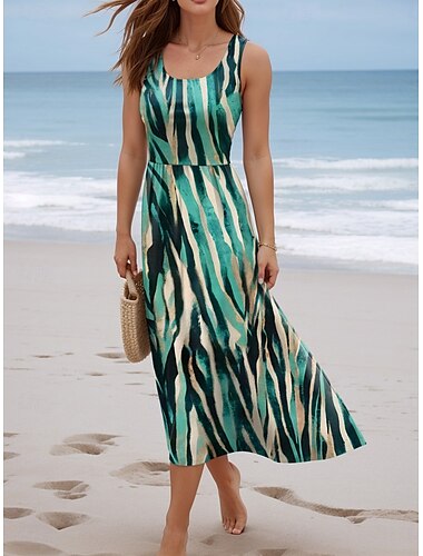  Damen Maxikleid Sommerkleid A Linie Kleid Unterkleid Faltenkleid Urlaub Lässig Boho Ausgehen Strand Normale Passform Blumen Paisley-Muster Farbblock Ärmellos U-Ausschnitt Dunkelgrün hellkaffee