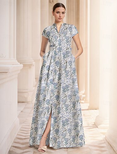  Φόρεμα Jacquard A-Line Βραδινό Elegant Φόρεμα Formal Γάμου Μήκους Δαπέδου Κοντό Μανίκι Πουκάμισο Λαιμό Νάιλον με Τσέπη