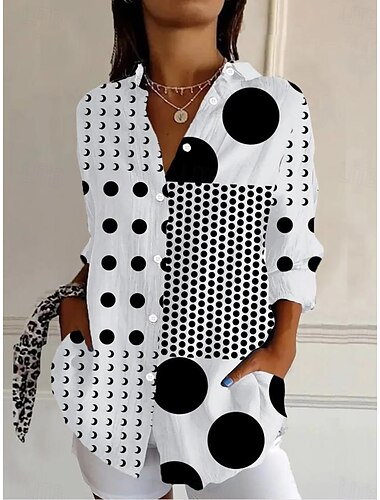  Damen Hemd Geometrisch Tupfen Feder Vintage Tropisch Stilvoll Langarm Hemdkragen Normale Oberteile Arbeit Täglich Knöpfe Druck Schwarz Weiß Gelb Rosa Blau Frühling Herbst Winter