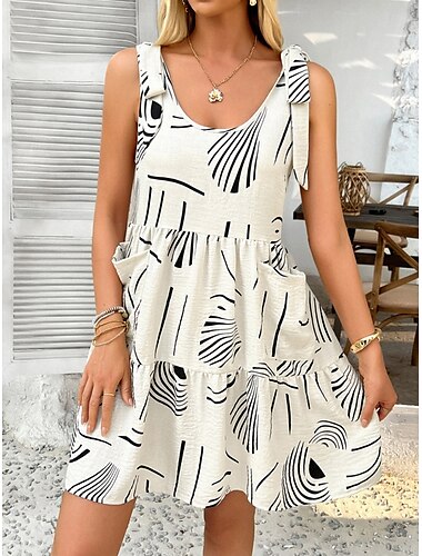  Damen Minikleid Sommerkleid Unterkleid Lässig Täglich Normale Passform Grafik Geometrisch Ärmellos Rundhalsausschnitt Schwarz Rosa Blau Beige Sommer