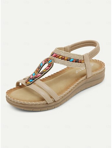 Flache Sandalen mit braunen Perlen und T-Riemen für Damen – Sommerschuhe im Boho-Ethno-Stil für Freizeitausflüge, Reisen und Strandurlaube
