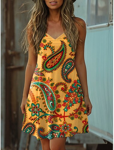  Dames Mini-jurk A lijn jurk Zomerjurk Vakantie Casual Dagelijks Normale pasvorm Grafisch Tribal Mouwloos U-hals Geel blauw Paars Zomer
