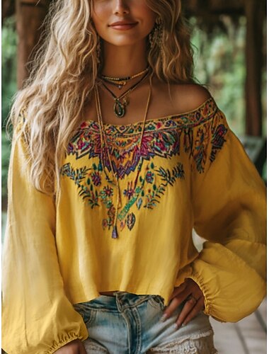  damblus boho blus blommig retro vintage etnisk långärmad off shoulder vanliga toppar daglig semester tryck gul sommar