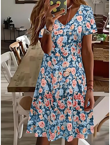  Damen Minikleid T-Shirt-Kleid Sommerkleid Urlaub Lässig Strand Täglich Ausgehen Normale Passform Blumen Grafik Kurzarm V Ausschnitt Rosa Blau Grün Sommer