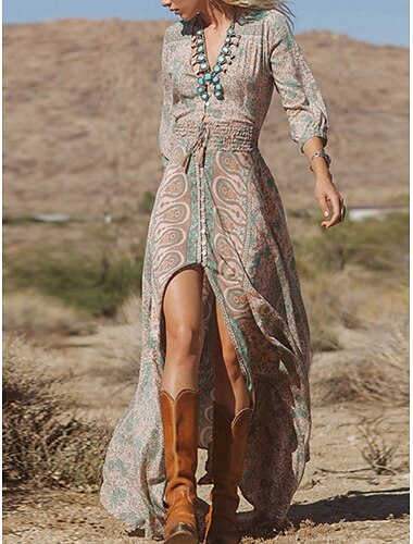  Robe Boho Femme Robe Western Robe Vintage Maxi Robe A Ligne Robe d'été Robe Casual Quotidienne Coupe Régulière Graphique Florale Manches 3/4 Décolleté en V Bleu Été