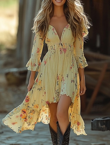  Dames Mini-jurk Bloemetjesjurk Boho-jurk Westerse kleding Klassiek Buiten Vakantie Uitgaan Normale pasvorm Bloem Lange mouw V-hals Lichtgeel Zomer