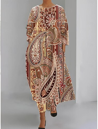  Damen Maxi Kleid Sonnenkleid A-Linien Kleid Sommerkleid Urlaub Lässig Strand Täglich Urlaub Ausgeh Lockerer Sitz Grafik Geometrisch Leinenoptik Kurzarm Rundhalsausschnitt Bootsausschnitt Dunkelbraun
