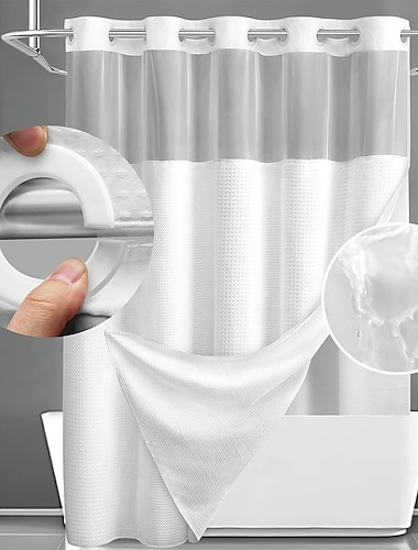  Wafel-Weef Textuur Douchegordijn Set met Insteek Voering en Transparante Raam Waterafstotend Polyester Mix Stof,Oogjes Bovenkant,120GSM Hotel Kwaliteit Spa Stijl Badkamer Scheiding Geen Haakjes