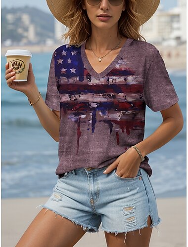  女性の愛国的Tシャツグラフィックフラッグアメリカンフラッグヴィンテージスタイリッシュクラシック半袖Vネックレギュラートップスデイリープリントピンクパープルグリーングレー夏春
