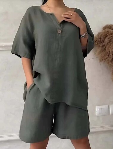  Mulheres Moda Roupa de rua Conjuntos de linho de algodão Conjuntos de duas peças Conjuntos de shorts Manga Curta Decote V Roupa Diária Encontro Preto Branco Verde Tropa Verão Normal