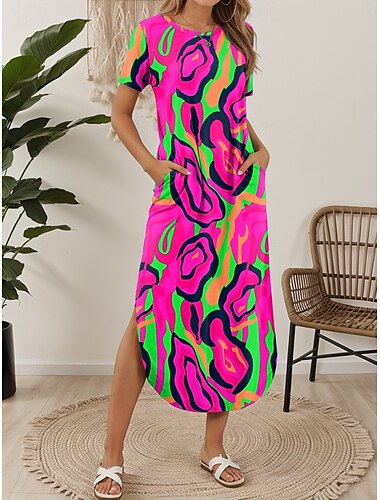  Damen Midikleid T-Shirt-Kleid Sommerkleid Urlaub Lässig Strand Täglich Normale Passform Grafik Paisley-Muster Stammes Kurzarm Rundhalsausschnitt Blau Purpur Grün Sommer