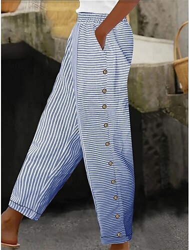  Femmes Pantalon en coton et lin Basique Occasionnel Longueur complète Taille haute Rayé Avec Poches Taille Élastique Imprimé Confortable Extérieur Rue Tenue quotidienne Sortir Noir Rose Bleu Ciel
